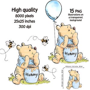 Vintage Winnie the Pooh Blue Clip Art: 15 High-Resolution PNG Illustrations (Digital Download) image 1
