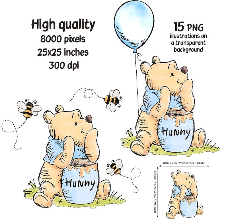 Vintage Winnie the Pooh Blue Clip Art: 15 High-Resolution PNG Illustrations (Digital Download) image 1