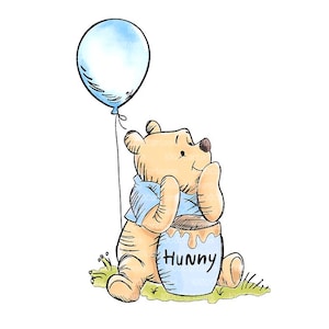May include: A watercolour illustration of Winnie the Pooh with a light blue balloon and a honey pot. The honey pot is light blue with the word "Hunny" written on it. The bear is sitting on green grass.