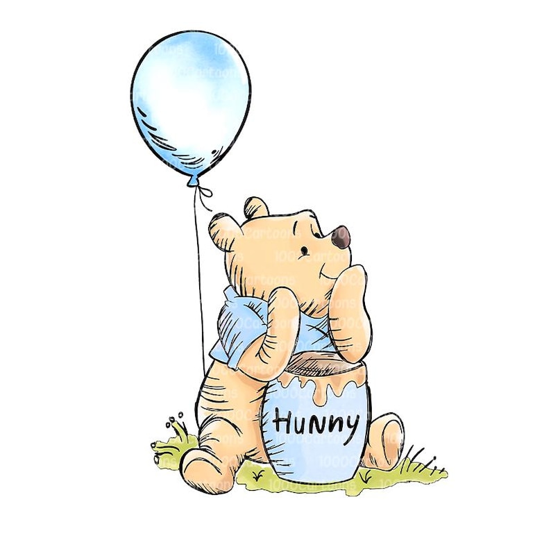 May include: A watercolour illustration of Winnie the Pooh with a light blue balloon and a honey pot. The honey pot is light blue with the word "Hunny" written on it. The bear is sitting on green grass.