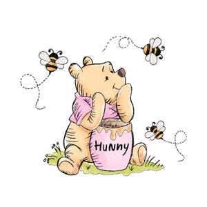 May include: Illustration of a cartoon bear in a pink shirt, sitting next to a pink honey pot with the word "Hunny". Bees fly around the bear, with dotted lines indicating their flight paths. The bear is on a patch of green grass.