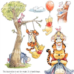 May include: Watercolor illustration featuring Winnie the Pooh characters. Pooh, Tigger, Piglet, and Eeyore are depicted in various scenes, including swinging on a tree branch, holding a balloon, and stacked together. The image has a whimsical, hand-drawn style.