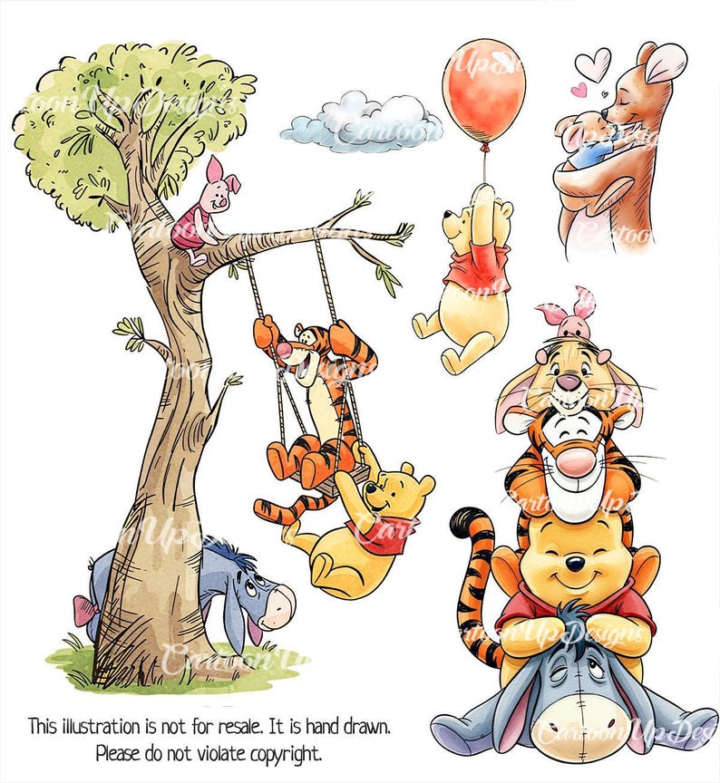 May include: Watercolor illustration featuring Winnie the Pooh characters. Pooh, Tigger, Piglet, and Eeyore are depicted in various scenes, including swinging on a tree branch, holding a balloon, and stacked together. The image has a whimsical, hand-drawn style.
