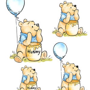 Könnte beinhalten: Illustration eines Cartoon-Bären in einem blauen Hemd, der neben einem Honigtopf mit der Aufschrift "Hunny" sitzt. Der Bär blickt nach oben, mit einem hellblauen Ballon an seiner Pfote. Der Stil ist aquarell.