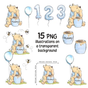 May include: Watercolor illustrations featuring a cartoon bear with a honey pot, balloons, and numbers 1, 2, and 3. The text reads "15 PNG illustrations on a transparent background". The bear is light brown with a blue shirt.