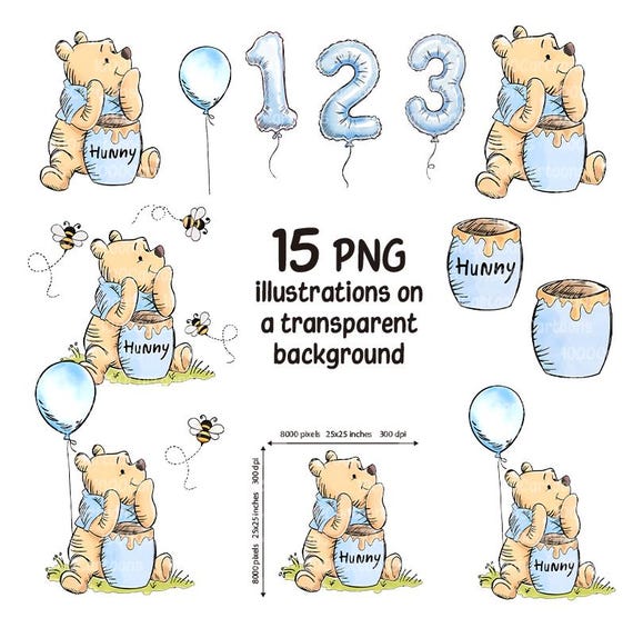 Vintage Winnie the Pooh Blue Clip Art: 15 High-Resolution PNG Illustrations (Digital Download)