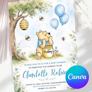 Puede incluir: Una invitación a un baby shower con una ilustración en acuarela de Winnie the Pooh y un tarro de miel. El diseño incluye globos azules, abejas y el texto "Charlotte Robin". La invitación tiene un tema caprichoso de cuento.