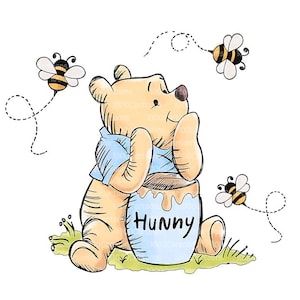 May include: A watercolour illustration of Winnie the Pooh with a honey pot labelled "Hunny". The bear wears a blue shirt and is surrounded by three bees with dotted flight paths. The image has a whimsical, cartoon style.