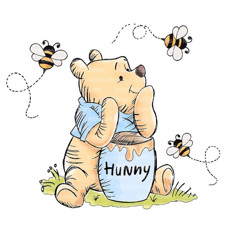 May include: A watercolour illustration of Winnie the Pooh with a honey pot labelled "Hunny". The bear wears a blue shirt and is surrounded by three bees with dotted flight paths. The image has a whimsical, cartoon style.