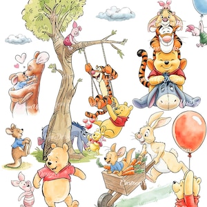 May include: Watercolor illustration featuring Winnie the Pooh and friends. Pooh Bear, Tigger, Piglet, Eeyore, Rabbit, Roo, and Kanga are depicted in various scenes, including swinging, hugging, and playing with carrots and balloons. The artwork has a whimsical, storybook feel.