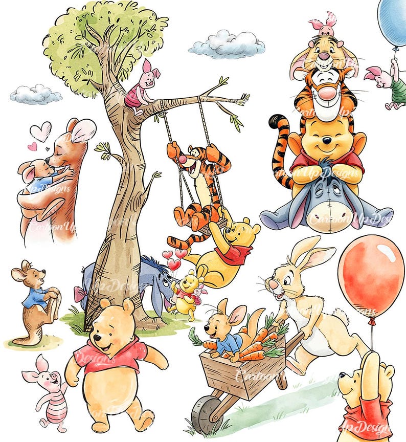 May include: Watercolor illustration featuring Winnie the Pooh and friends. Pooh Bear, Tigger, Piglet, Eeyore, Rabbit, Roo, and Kanga are depicted in various scenes, including swinging, hugging, and playing with carrots and balloons. The artwork has a whimsical, storybook feel.