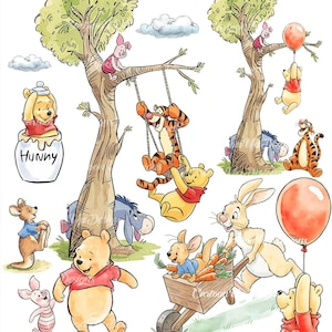 May include: Watercolor illustration featuring Winnie the Pooh and friends. Pooh is seen with a honey pot, on a swing with Tigger, and holding a balloon. Other characters include Piglet, Eeyore, Rabbit, and Roo. The image has a whimsical, storybook feel.