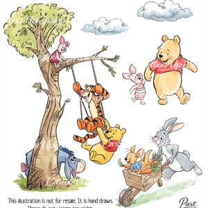 May include: Watercolor illustration featuring Winnie the Pooh and friends. Pooh, Tigger, and Piglet are shown. Tigger and Pooh are on a swing, Piglet is walking with Pooh, and Rabbit is pushing a wheelbarrow with carrots. Text: This illustration is not for resale.