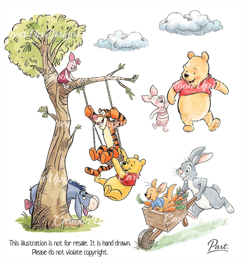 May include: Watercolor illustration featuring Winnie the Pooh and friends. Pooh, Tigger, and Piglet are shown. Tigger and Pooh are on a swing, Piglet is walking with Pooh, and Rabbit is pushing a wheelbarrow with carrots. Text: This illustration is not for resale.