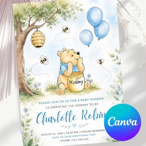 Peut inclure: Invitation de baby shower avec Winnie l'Ourson, un pot de miel, des ballons bleus et des abeilles. Le texte "Charlotte Robin" et les détails de l'événement sont inclus. Le design est de style aquarelle avec un arbre et des éléments floraux.