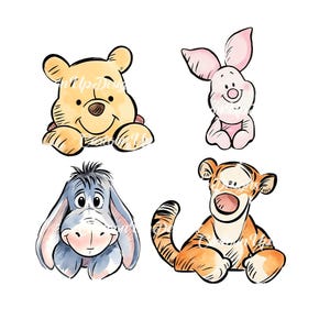 Op de afbeelding: Waterverfillustraties van Winnie de Poeh-personages: Winnie de Poeh, Knorretje, Iejoor en Teigetje. Elk personage is afgebeeld in een vriendelijke, cartoonachtige stijl met zachte kleuren en contouren. De afbeelding staat op een witte achtergrond.