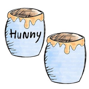 May include: Two cartoon illustrations of honey pots. The light blue pots have a brown top with dripping honey. The word "Hunny" is written in black script on one of the pots. The style is reminiscent of a children's book illustration.