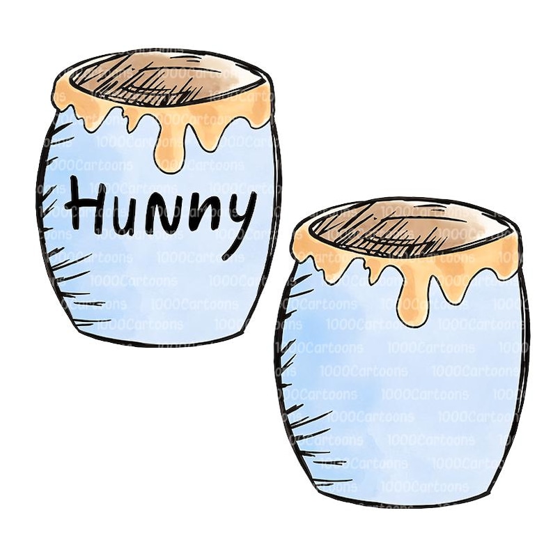 May include: Two cartoon illustrations of honey pots. The light blue pots have a brown top with dripping honey. The word "Hunny" is written in black script on one of the pots. The style is reminiscent of a children's book illustration.