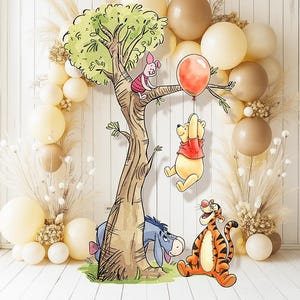 May include: A whimsical scene featuring Winnie the Pooh and friends. The illustration includes a tree with Piglet, Pooh Bear, Tigger, and Eeyore. A red balloon hangs from a tree branch. The background has balloons in cream and brown.