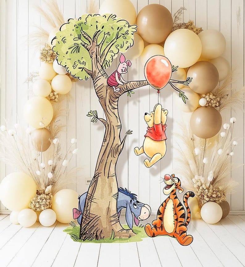 May include: A whimsical scene featuring Winnie the Pooh and friends. The illustration includes a tree with Piglet, Pooh Bear, Tigger, and Eeyore. A red balloon hangs from a tree branch. The background has balloons in cream and brown.