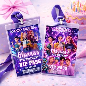 Op de afbeelding: Twee doorzichtige plastic VIP-passen met paarse lanyards. De passen bevatten K-Pop-thema graphics met de tekst "K-POP QUEEN" en "K-POP DEMON HUNTER". Elke pas leest "Olivia's 9th Birthday VIP Pass All Access".