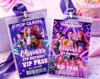 Demon Hunter Birthday VIP Pass, Huntrix ID Badge, Printable Kpop VIP Card, Party Favors, K-Pop Party Pass, Digital Download, Canva Editable