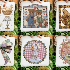 May include: A collection of white tote bags featuring charming, country-themed illustrations. Designs include a hen in a basket, a pair of teddy bears, a decorative bow, and a goose. The bags showcase a patchwork aesthetic with soft colors and floral accents.