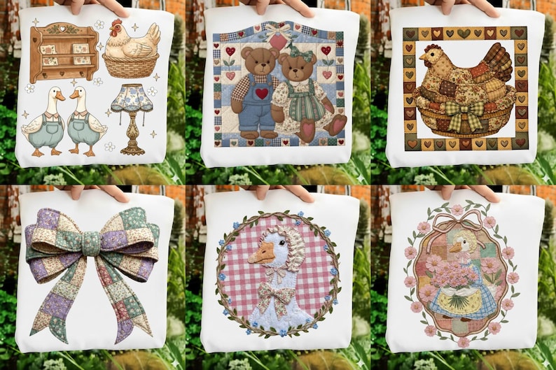 May include: A collection of white tote bags featuring charming, country-themed illustrations. Designs include a hen in a basket, a pair of teddy bears, a decorative bow, and a goose. The bags showcase a patchwork aesthetic with soft colors and floral accents.