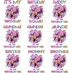 May include: A collection of colorful birthday-themed graphics with text. Each design features a group of stylized figures, stars, and the phrases "It's My Birthday," "Daddy," "Birthday Squad," "Grandma," "Grandpa," "Auntie," "Sister," "Mommy," and "Brother."