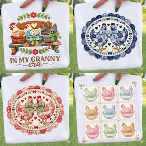 May include: White t-shirts with various chicken-themed designs. One shirt features chickens on a bench with the text "IN MY GRANNY era." Other designs include chickens with bows, and chicken stamps in pastel colors. The shirts are held up by a person.