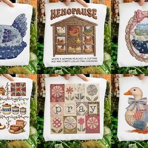 May include: White tote bags with different designs. One shows a blue and white hen, another has a chicken coop with the text "HENOPAUSE", and another displays stacked bowls. Other bags show a floral design, a duck, and a collection of books and food.