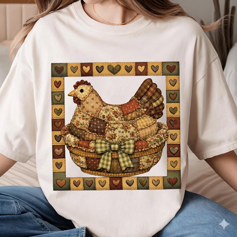 May include: Cream-colored t-shirt featuring a patchwork hen in a basket with a green bow. The hen is made of various fabric patterns and colors, surrounded by a border of hearts. A charming, country-themed design.