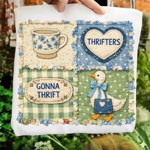 Op de afbeelding: Een witte draagtas met een patchwork-ontwerp. Het ontwerp bevat een theekopje met blauwe bloemenaccenten, een hart met het woord "THRIFTERS" en een eend met een blauwe strik en handtas. De tekst "GONNA THRIFT" is ook aanwezig.