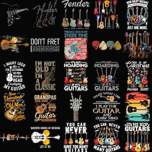 Może przedstawiać: Kolekcja wzorów z motywem gitary na czarnym tle. Obraz zawiera różne gitary, tekst i grafikę, w tym logo Fender, frazy takie jak "Don't Fret" i "I Play the Guitar". Projekty są w różnych kolorach.
