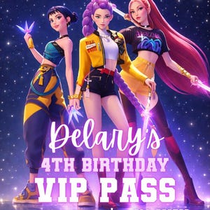 Op de afbeelding: Digitale uitnodiging voor Delary's 4e verjaardag, met drie gestileerde figuren met gloeiende wapens. De uitnodiging bevat de tekst "JOIN US TO CELEBRATE", "Delary's 4th Birthday VIP PASS", datum, tijd, adres en RSVP-informatie.