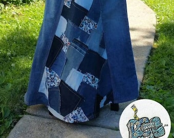 DELAROSA Dorothy's Flower Patch denim skirt made from jeans to your size and length