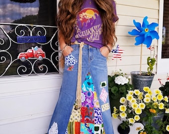 DELAROSA Classic Hippie patchwork Long Jean Skirt made to your size and length