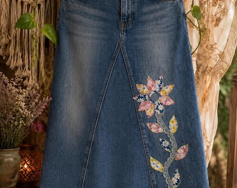DELAROSA Custom fabric and lace Flower stem and leaves Appliqué's for your jean skirt (add on item only)