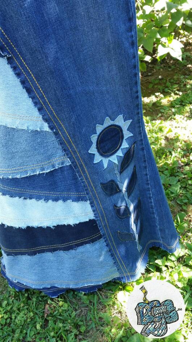 DELAROSA custom jean skirt Francesca Pieced and patched frayed look with sunflower Applique made to your size and length image 6