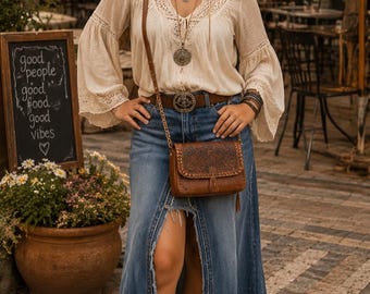 DELAROSA Maureen custom long jean skirt with vent in front. Made to your size and length.