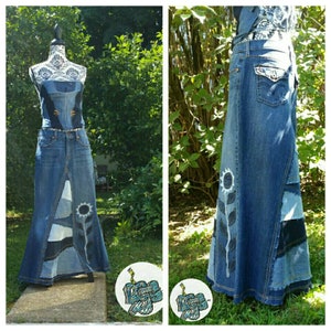 DELAROSA custom jean skirt Francesca Pieced and patched frayed look with sunflower Applique made to your size and length image 1