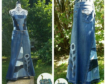 DELAROSA custom jean skirt Francesca Pieced and patched frayed look with sunflower Applique made to your size and length