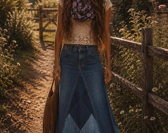 DELAROSA Ombre Diamond Delight Patchwork Long Jean Skirt Custom Your Size  choose your size and length