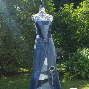 DELAROSA Custom Jean Skirt Francesca Pieced and Patched Frayed Look ...