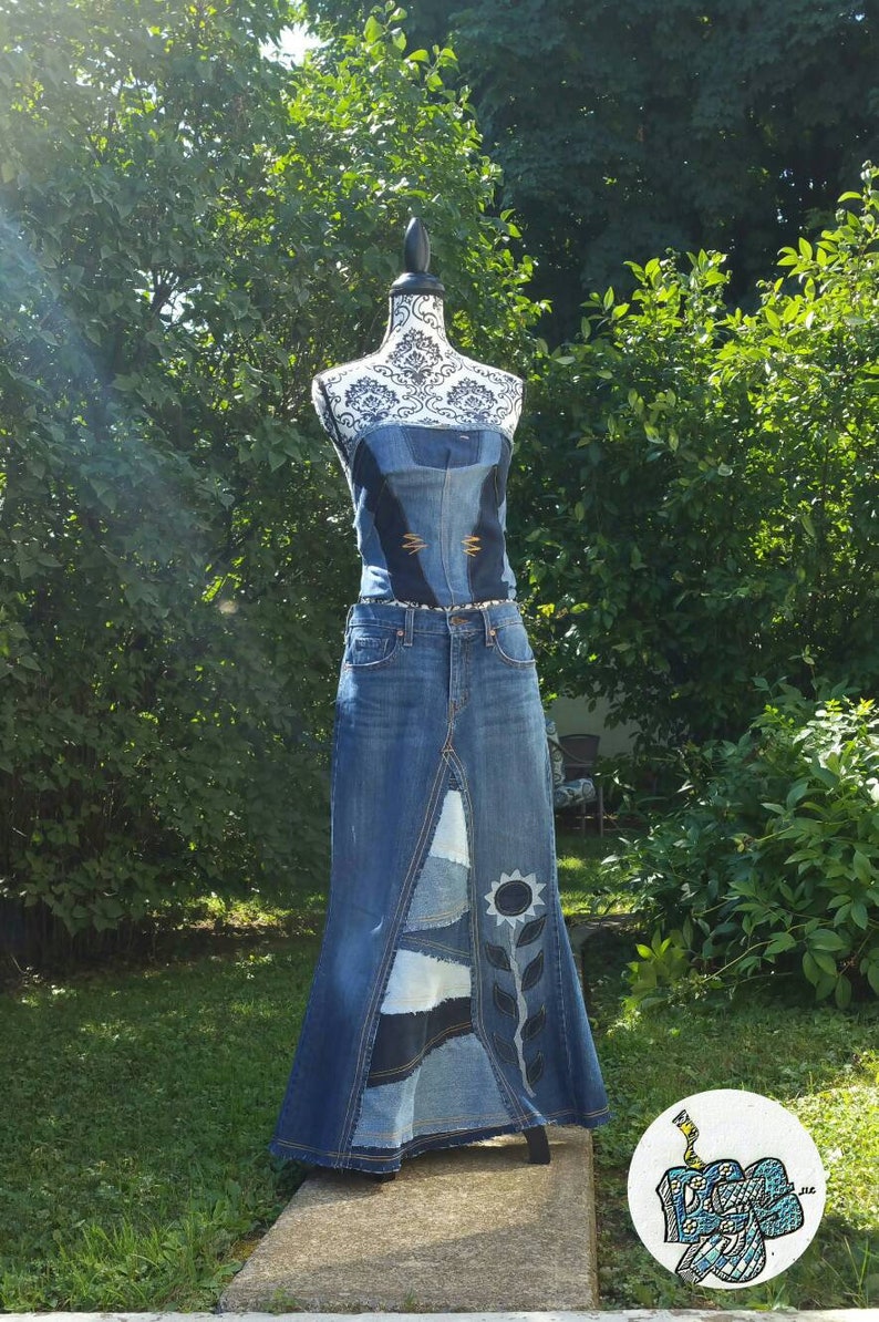 DELAROSA custom jean skirt Francesca Pieced and patched frayed look with sunflower Applique made to your size and length image 7