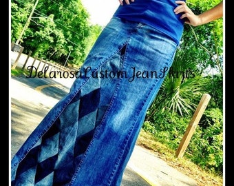 DELAROSA Diamond Patchwork Long Jean Skirt Custom Your Size  choose your size and length