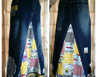 DELAROSA Charlie Brown Peanuts Hippie patchwork Long Jean Skirt Custom to your size and length