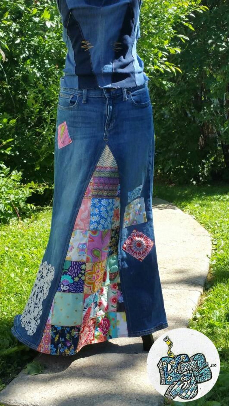 DELAROSA Classic Hippie patchwork Long Jean Skirt made to your size and length image 1