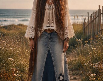 DELAROSA Custom Order two tone Long jean skirt with added flower details made to your size and length