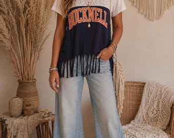 Upcycled Bucknell University Fringed Tee: Boho Women's T-Shirt